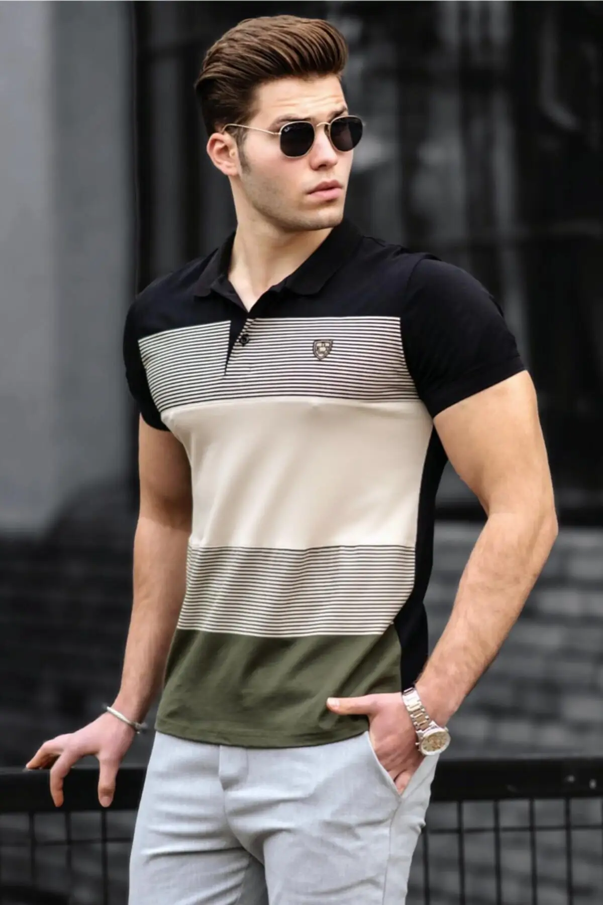 

Color Block Khaki Polo Neck Men's Knitwear T-Shirt CUSTOM DESIGN modern cut fashion
