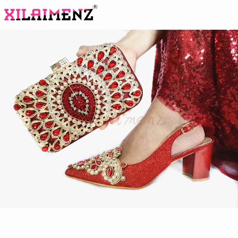 

Pretty Leisure Style Italian Women Shoes and Bag in Red Color Slingbacks Pointed Toe African Lady Shoes and Bag for Offics Lady