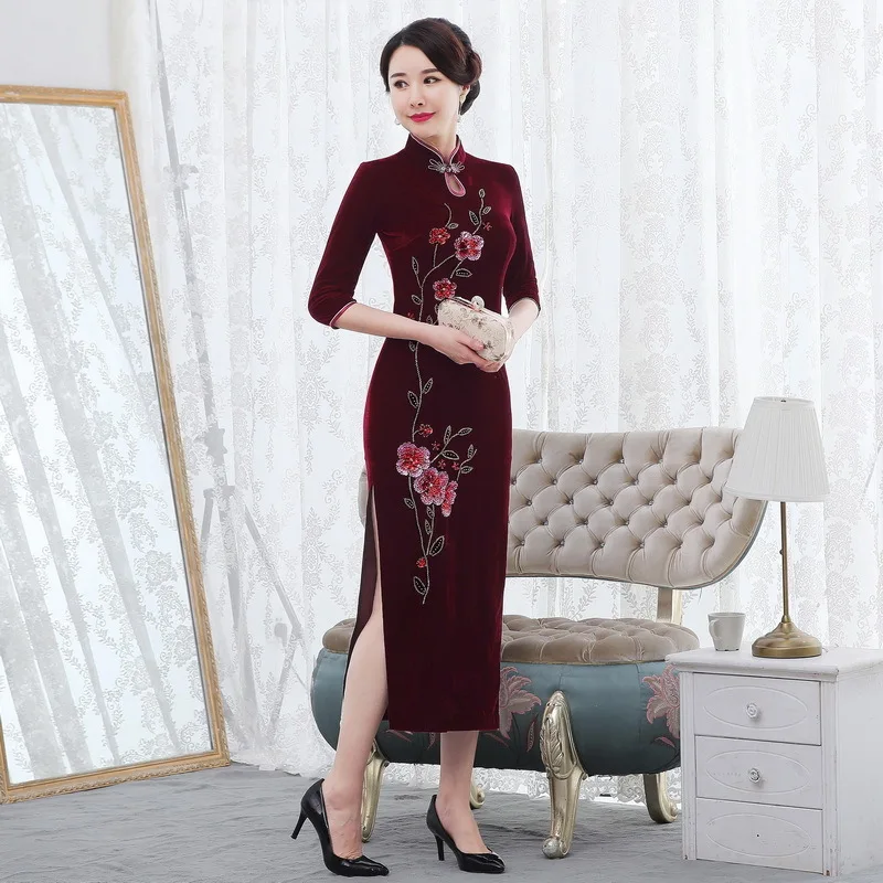 Женское бархатное платье Cheongsam длинное платье-Ципао с волной культивирования