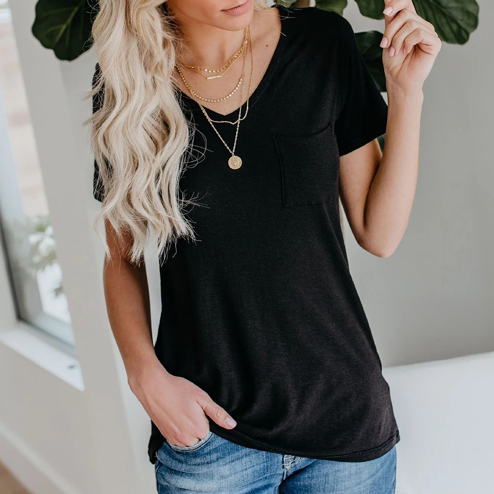 Новая модная женская футболка летняя повседневная однотонная с коротким рукавом