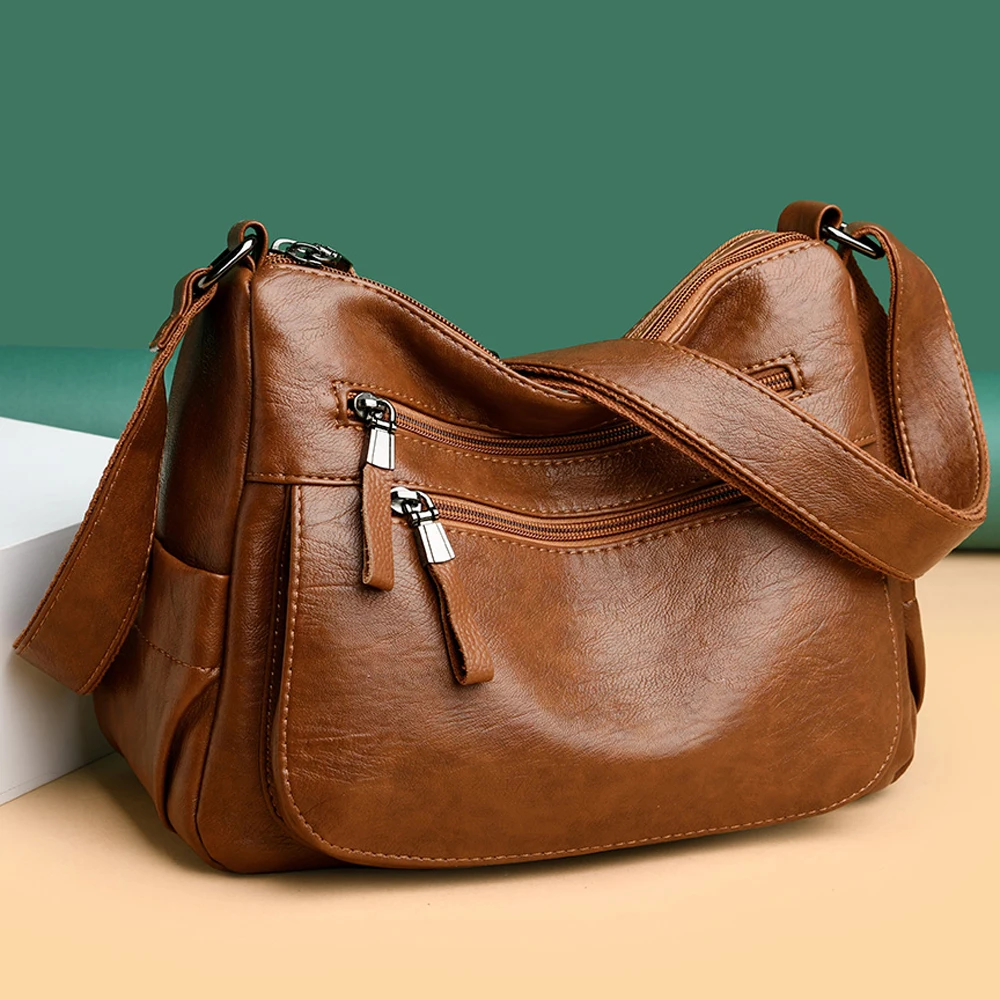 

Women Soft Leather Purses and Handbags Luxury Designer Multi-pocket Large Capacity Shoulder Messenger Bags ladies Cross Body