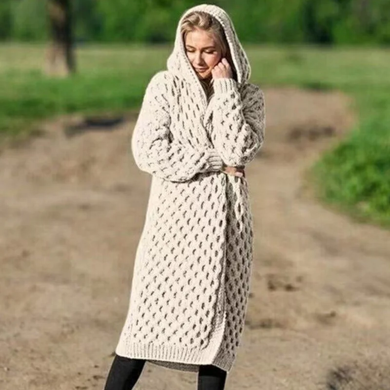 Плюс размер 5XL с капюшоном, вязаный кардиган для женщин, скрученный вязаный женский длинный кардиган, Осень-зима, свитера, пальто для женщин