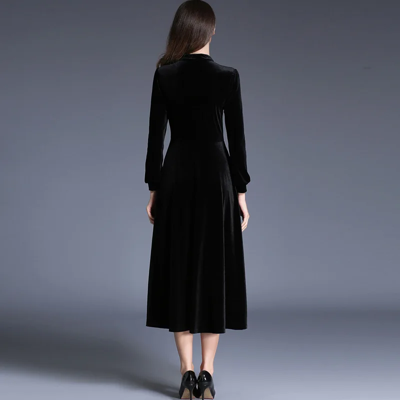 

Office Fall Winter New Style Lady Red Black Color Velvet Soft Stand Lantern Sleeves A Line Gown Women Dresses Vestido De Mujer