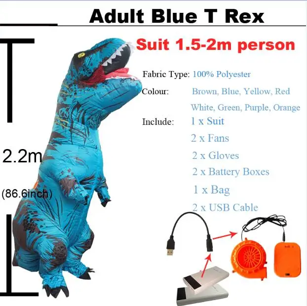 Adult Bule T Rex Мир Юрского периода 2 Велоцираптор Костюм надувной T REX динозавр костюм Хэллоуин Косплей Взрослый фантазия Раптор талисман костюм - Цвет: Adult Bule T Rex