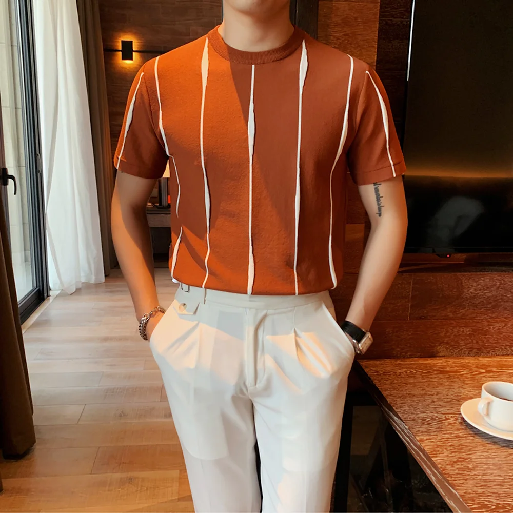 

Summer Striped T Shirt for Men Short Sleeve Knitted Tshirts O-neck Casual Tops Tees High Quality Ice Silk Breathable Clothing