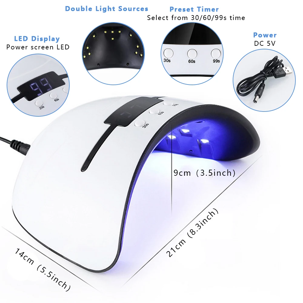 УФ-лампа для ногтей 24 Вт Сушилка всех типов геля 12 светодиодных УФ-ламп USB 30s 60s 90s