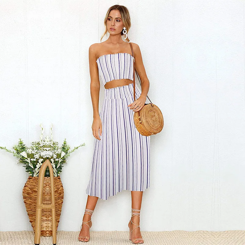 Summer Dress Women 2 Pices Set 2021 Summer New Two Piece Women&#39;s Striped Print Wrap Top Casual Dresses