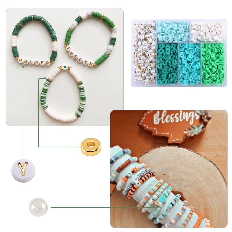 6mm Polymer Clay Beads Kit Flat Round Spacer Beads Kit with Alphabet Beads Pearls for Bracelets Necklace Making Jewelry DIY