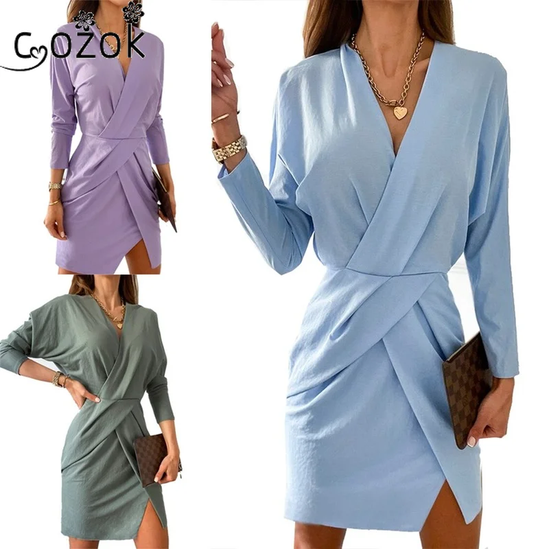 

Fall Dress Women Irregular Slim V-Neck Chiffon Solid Color Long Sleeve Dress Above Knee, Mini Office Lady maxi dresses for women