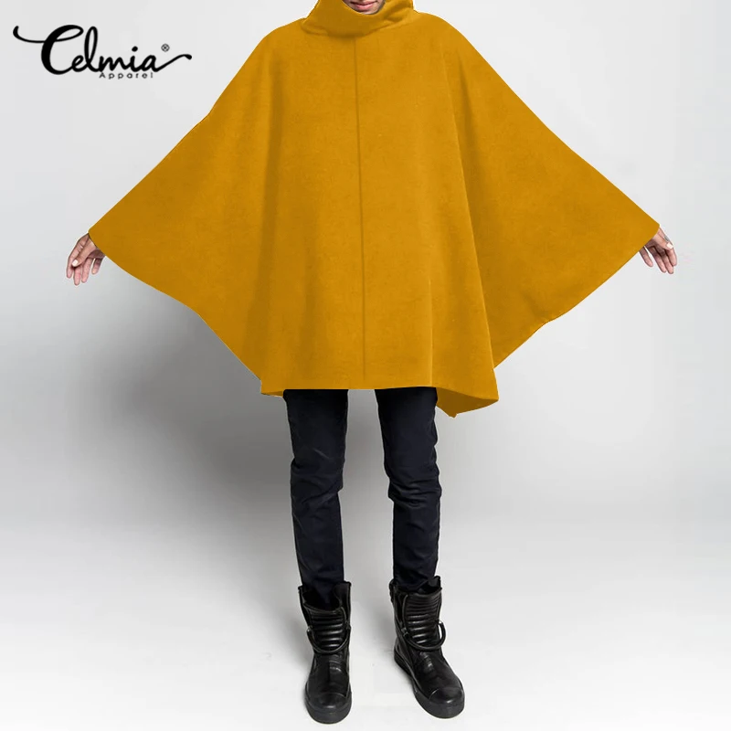 

2021 Celmia Fashion Women Winter Capes Casual Stand Collor Zipper Jackets Bat Sleeve Warm Woolen Coats Cloak Outerwear 5XL Capes