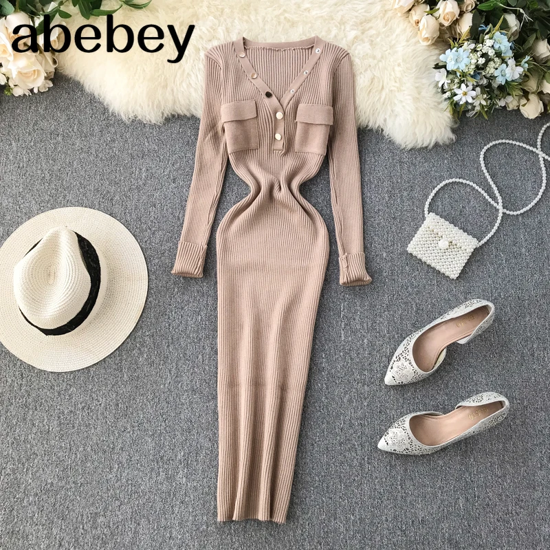 

Женское трикотажное платье, с V-образным вырезом и длинным рукавом