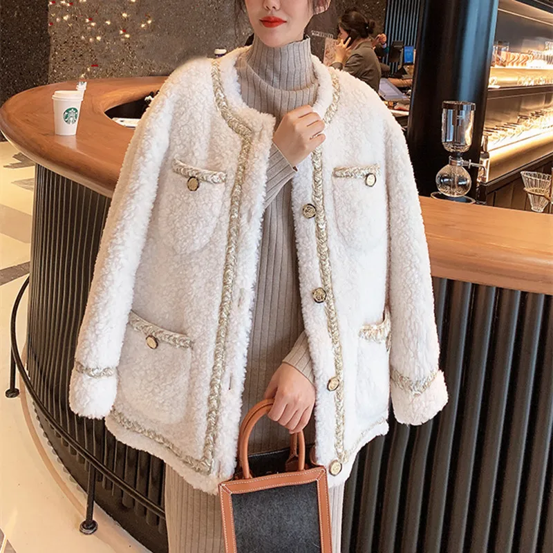 

Kpop Women Elegent Faux Lamb Wool Coats Fashion Chic Pockets Single-Breasted Long Sleeve Vintage Female Autumn Winter Jacket Ins