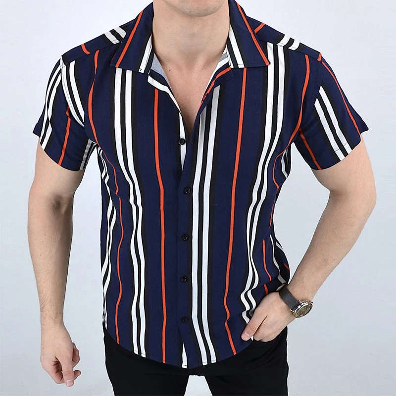 

Summer Casual Mens Short Sleeve Blouse 2021 Fashion Striped Printing Cardigan Tops Lapel Buttoned Vintage Streetwear Mens Shirts