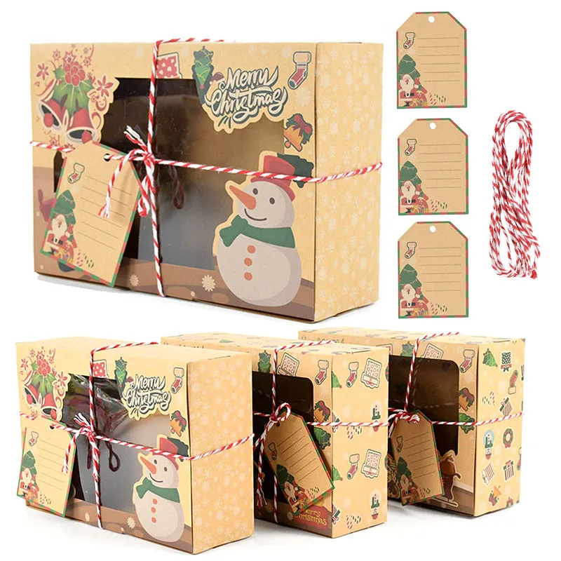 

3Pcs Merry Christmas Candy Cookies Boxes With Clear Window Snowman Kraft Paper Gift Box For Xmas New Year Gift Packing Decor Bag