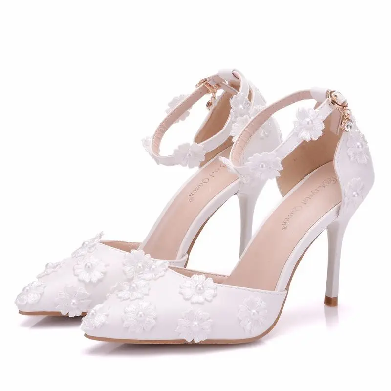 

women sandals wedding banquet Lace PU Rhinestones Buckle Strap 9CM Thin High heels Pointed Toe sandal for women shoes size 35-42