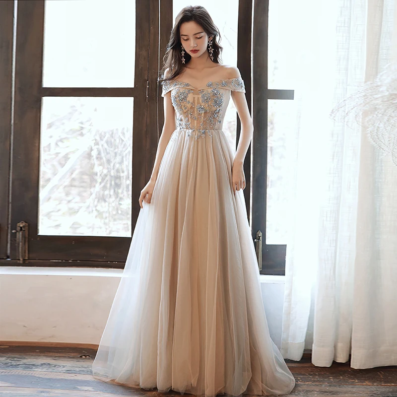 Вечернее платье Шампань аппликация Бисероплетение Простой вырез лодочкой А