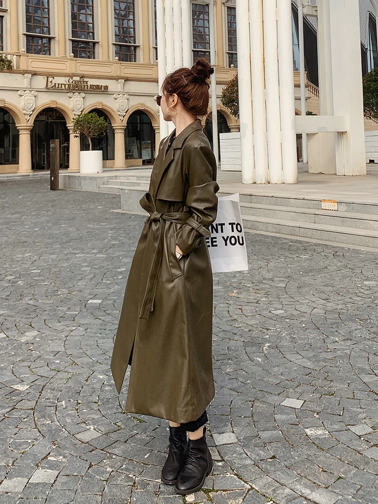 

Fashion Belt Trench Coat Ladies Faux Leather Long Coats Winter Women's PU Windbreaker Notched Collar 2020 Fall New