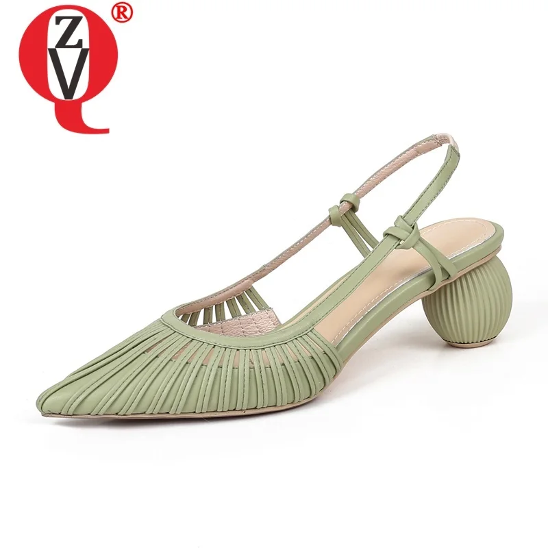 

ZVQ Women Fashion Sandals Pointed Toe Genuine Leather Inside Good Quality 4 Cm Low Heel Woman Shoes 2020 New Style Dress Shoes