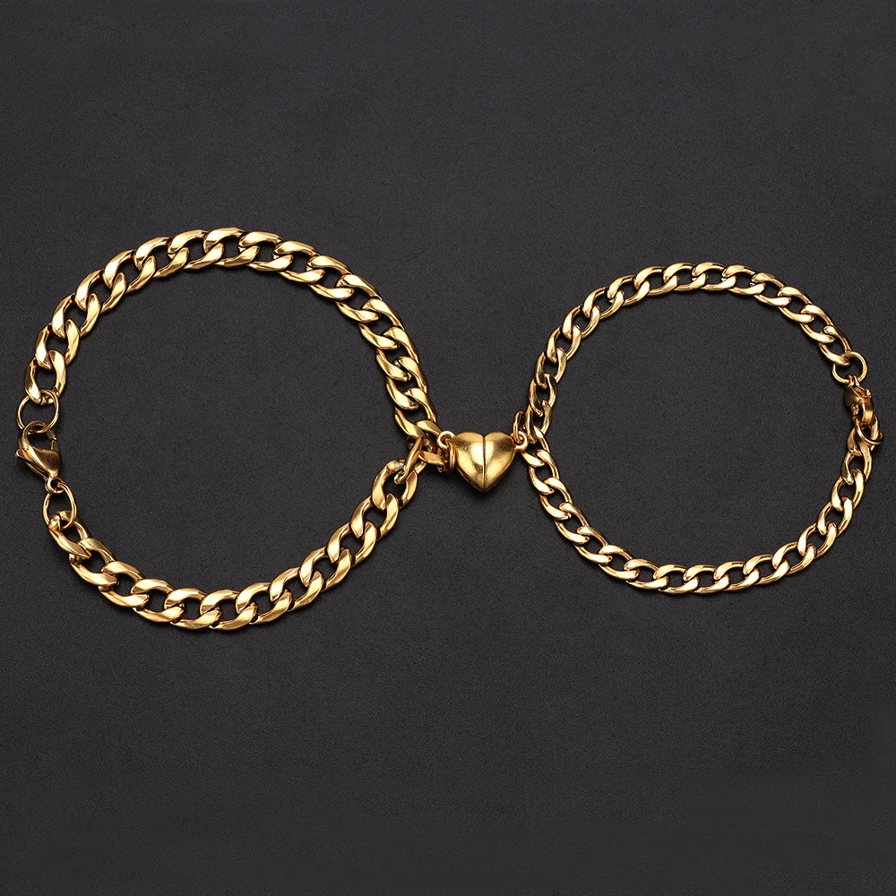 

2pcs/set 18K Gold titanium steel magnet attractive bracelet for couples stainless steel best friendship jewelry gifts men women