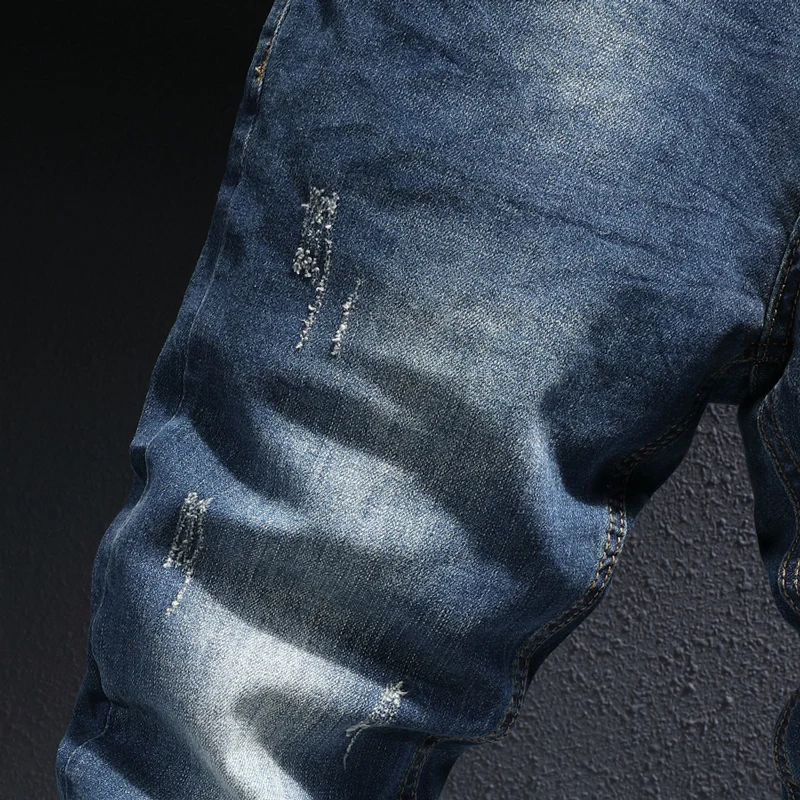European Vintage Fashion Men Jeans Retro Dark Blue Elastic Slim Fit Ripped Jeans Men Korean Style Street Designer Denim Pants