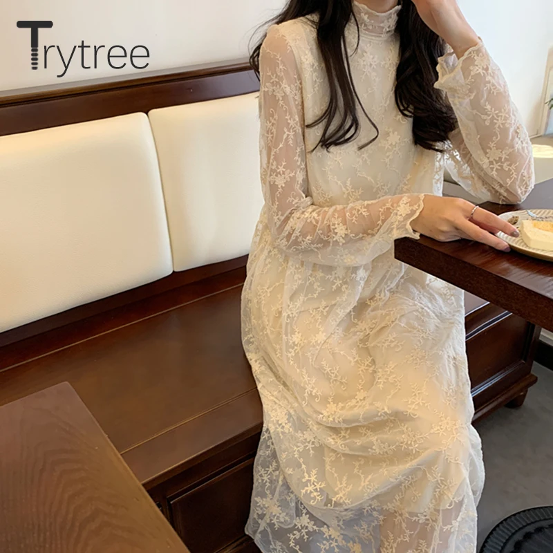 Trytree 2020 весеннее женское платье повседневное кружевное лоскутное с воротником