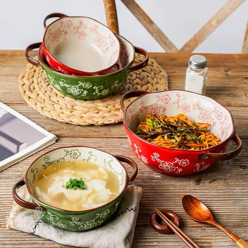

New Cherry Binaural Hollow Handle Ceramic Dessert Bowl Household Cutlery Creative Pasta Soup Noodles Bowl Red Green