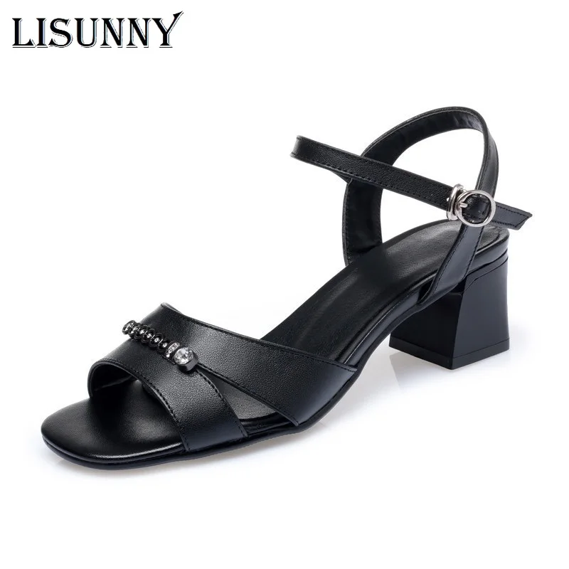 

LISUNNY Sandals Women Summer New Mid-heel Thick Non-slip Buckle Rhinestone Fish Mouth Large Size Sandals Women