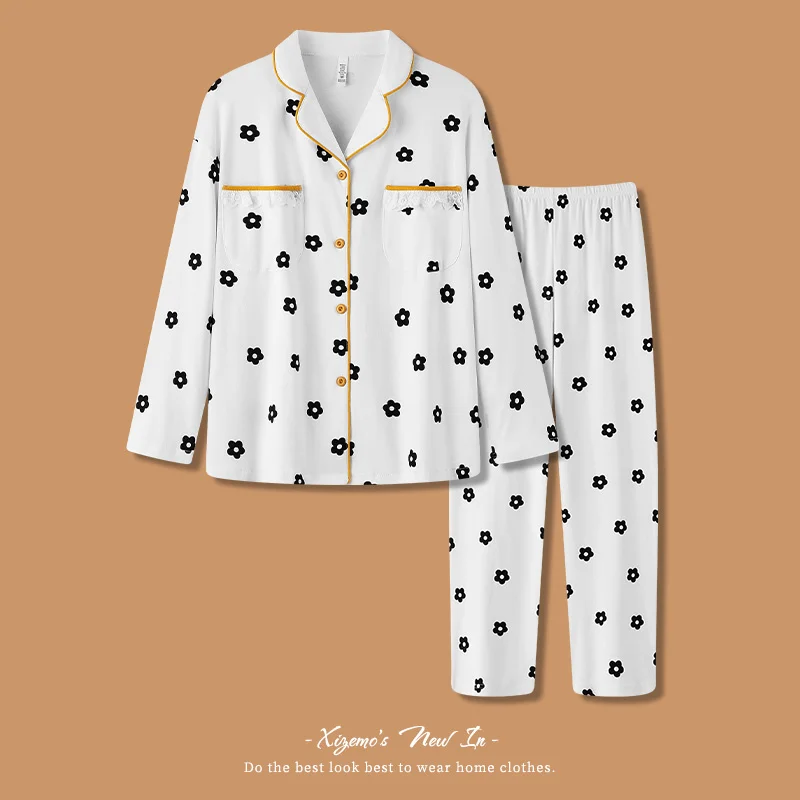 

Пижама для женщин, комплект из 2 предметов, новинка 2021, женская пижама, Новинка весна-осень 2021, хлопковая Свободная Домашняя одежда с длинным ...