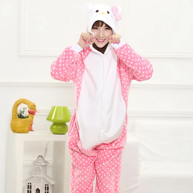 Winter Flannel Kigurumi Women Men Onesies Cute Cartoon Animal Bow Cat Pajamas Set Unisex Pyjama Pijama Sleepwear
