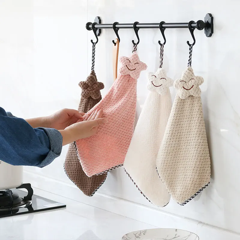 Coral Fleece Microfiber Hanging Loop Hand Towel Quick Dry Thicken Bathroom Kitchen Cleaning Cloth Absorbent Rags |