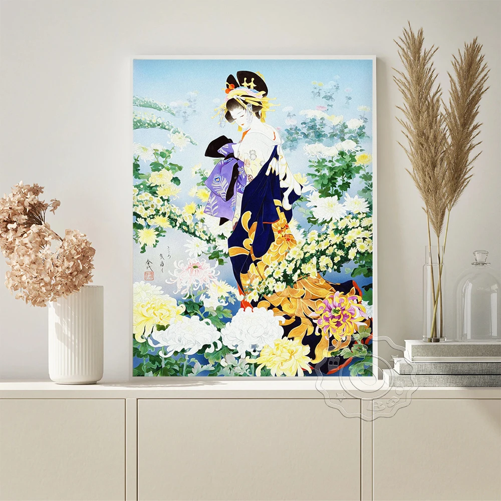

Haruyo Morita Poster Japanese Ukiyoe Art Prints Geisha Girl Retro Canvas Painting Chrysanthemum Bedroom Home Decor Wall Stickers
