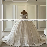 Ivory Puffy Ball Gown Wedding Dresses 2021 Brautkleider Luxury Beaded Appliques Lace Off The Shoulder Long Sleeve Bridal Gowns