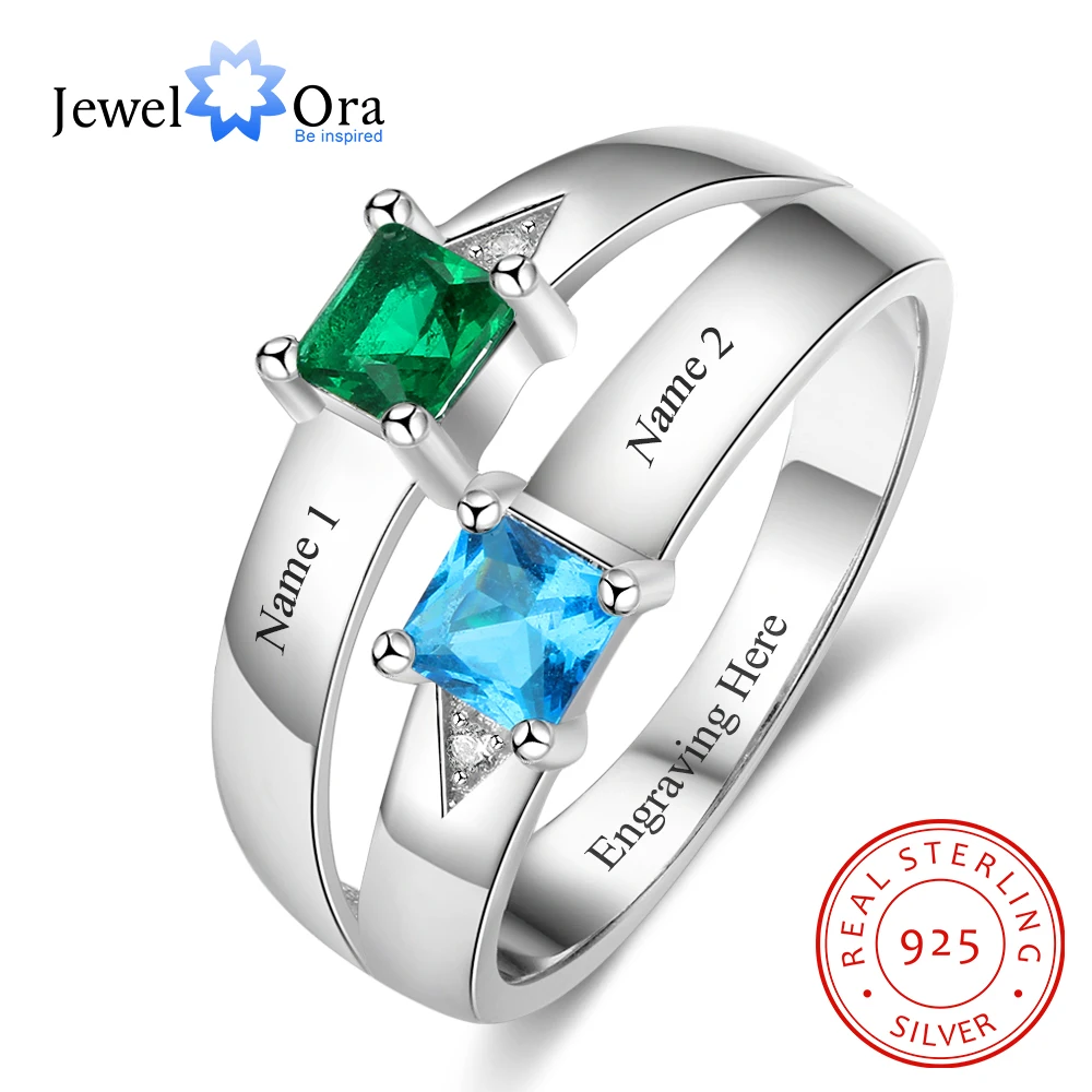 

Personalized Gift for Love Engrave names 2 Birthstone Promise Rings For Women 925 Sterling Silver Jewelry (JewelOra RI103286)