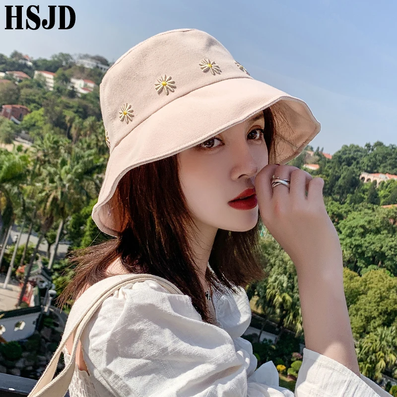 Flower Embroidery Cotton Bucket Hats Women Summer Sun Hat Fisherman Cap Wide Brim Foldable Outdoor Travel Female Hiking Bonnet