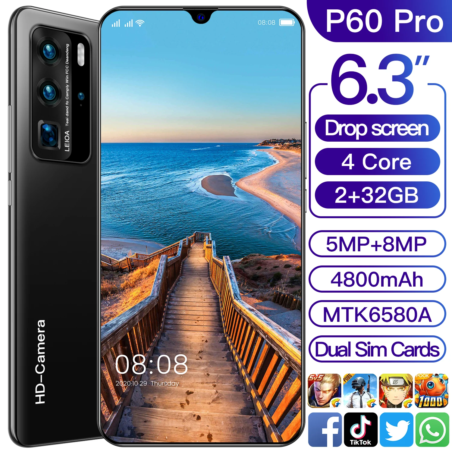 

PLTDP P60 pro Global Version Mobile Phone 2G+32GB ROM Cell phone 4 Core 6.3" HD+Waterdrop Screen 4800mAh 8mp Camera Smartphone