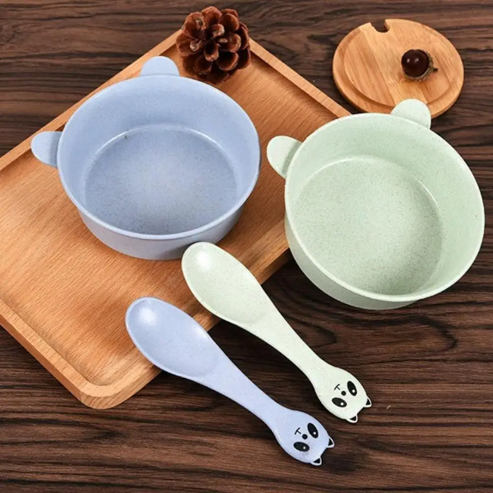 

New Baby Feeding Bowl Tableware With Spoon Kit Panda Toxic Bowl Dish Crockery Straw Plate Pattern Wheat Non-slip Animal Bab T9a6