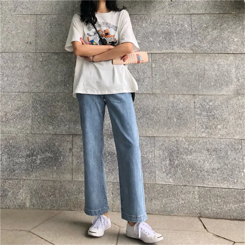 

HziriP New Straight Plus Size Slender Jeans Korea Women High Waist Casual Pants Girls Denim Solid All-Match Wide Leg Trousers