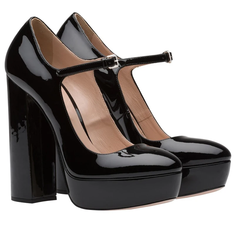 

Drestrive Custom Women Pumps Patent Leather Platform Round Toe Thick High Heel Shoes Woman 2021 Summer Buckle Black