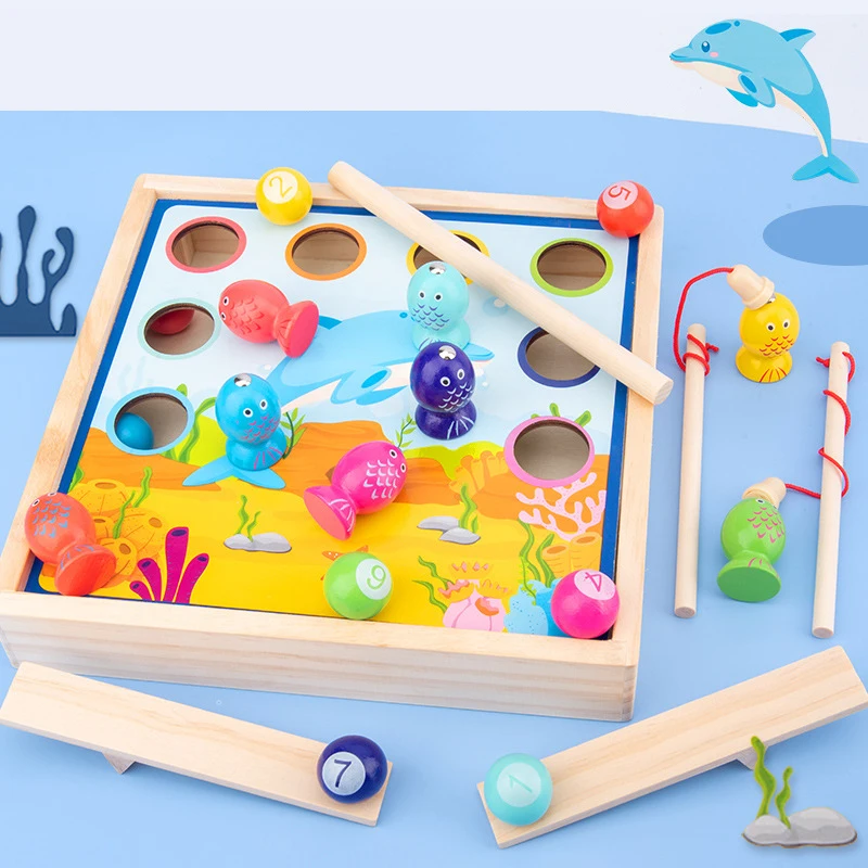 

Children Montessori Wooden Puzzle Early Education Billiard Fishing Game Fun Fishing Pinball Magnetic Fishing Toys Kids Gifts