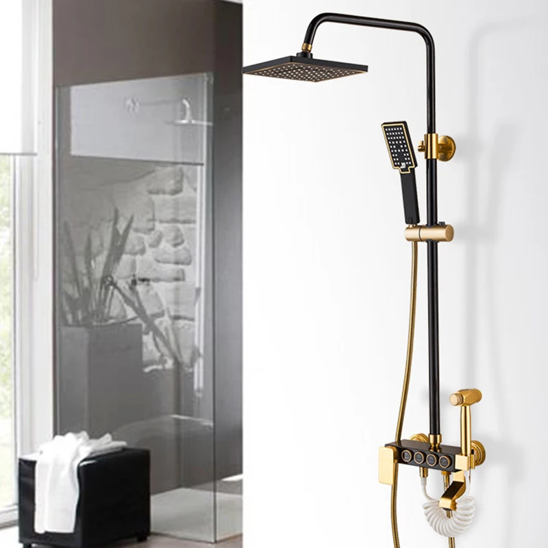 

Black Gold Shower Faucet Set Space Aluminum Rainfall Bathroom Shower Mixer Faucets With Bidet Hot Cold Water Mixer Tap Waterfall