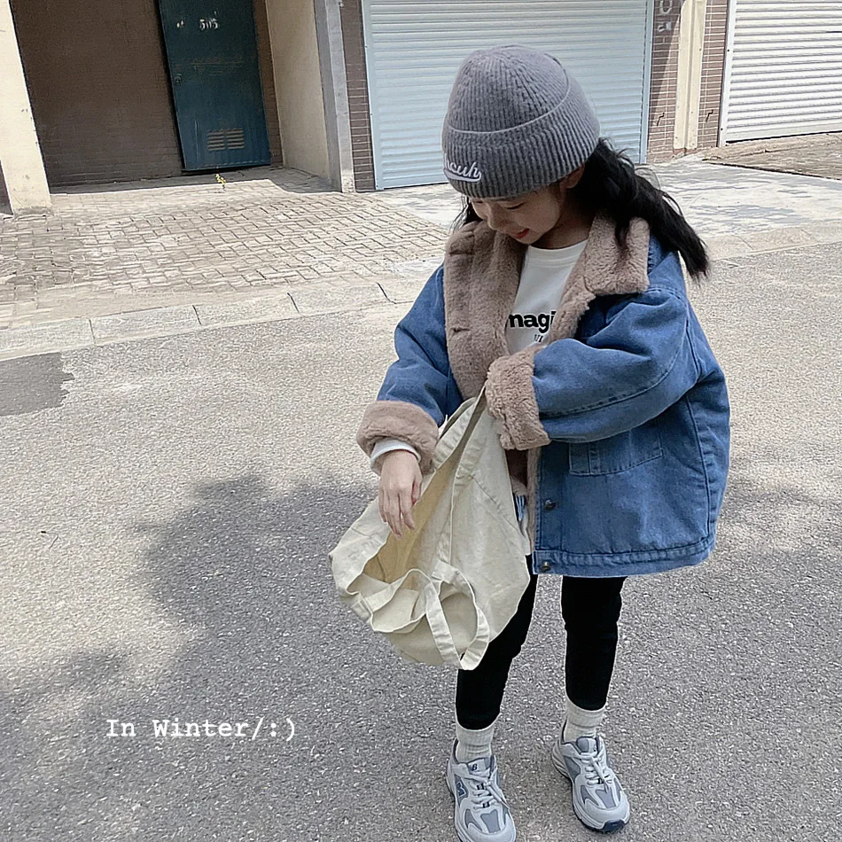 

Детская джинсовая куртка принцессы, Корейская Толстая куртка из денима, новинка зимы 2021, детская бархатная куртка