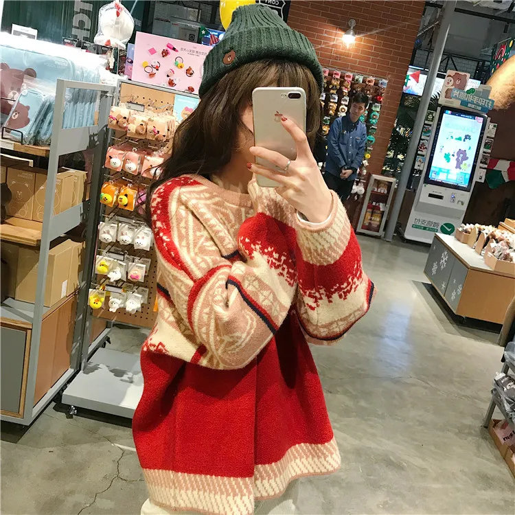 

Korea Retro Ins Red Christmas Sweater Sweet Loose Pullovers Tops Preppy Style Hit Color Knitwear Female