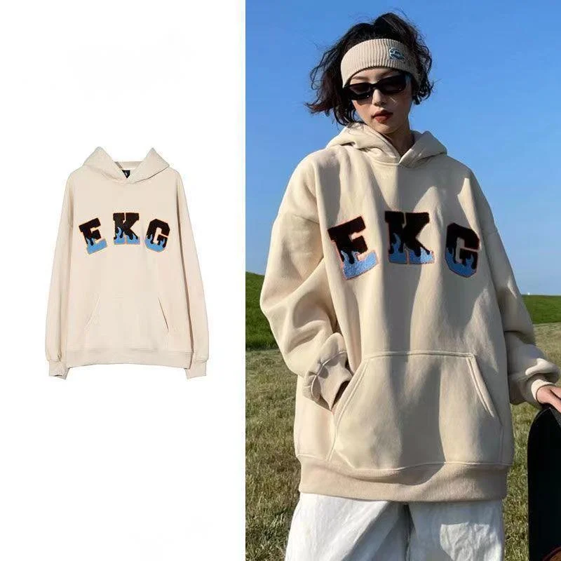 

Y2K Clothes Streetwear Women Fire Letter Brown Hoodie Oversized Vintage Flame Sweatshirts Winter Plush Tops For Women Plus Size