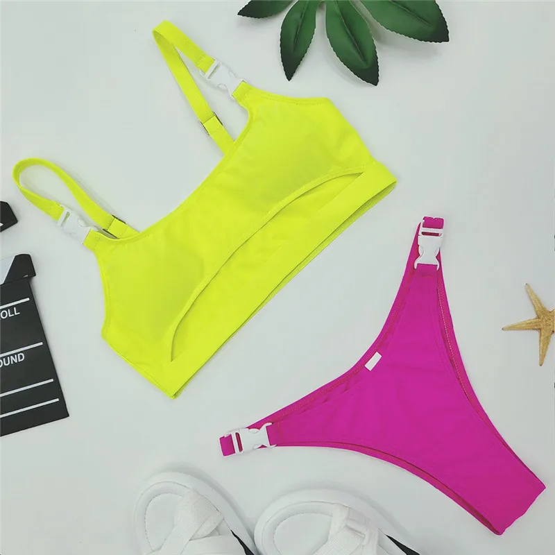 Underboob бикини неоновые купальные костюмы Розовый Зеленый бикини стринги спортивная одежда сексуальный Холтер с высоким вырезом G стринги купальник женский S-L