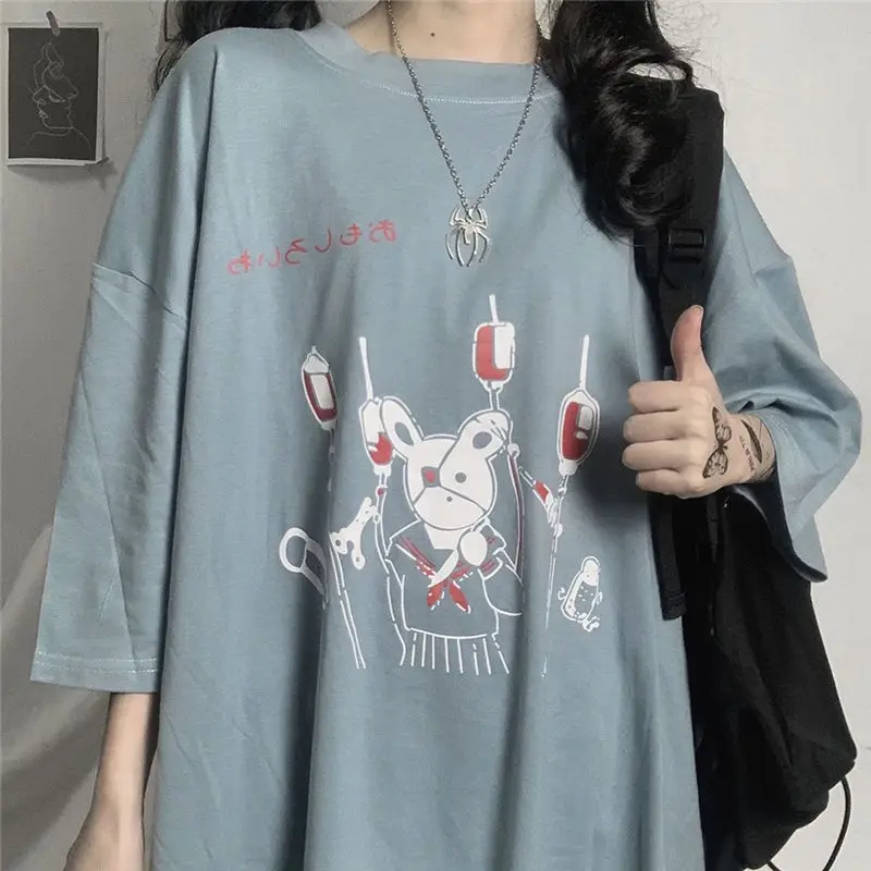 

Gothic Punk Summer Loose Vintage women tshirt Ulzzang rabbit Street Harajuku cartoon Print Short Sleeve dropshipping clothes