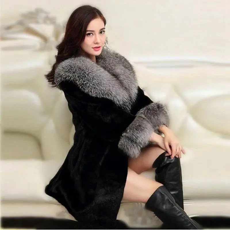 Thick V-Neck Casual Imitation Women Warm Faux Fox Fur Collar Hooded Rabbit Fur Coat Female Overcoat Coats Elegant Winter Jackets