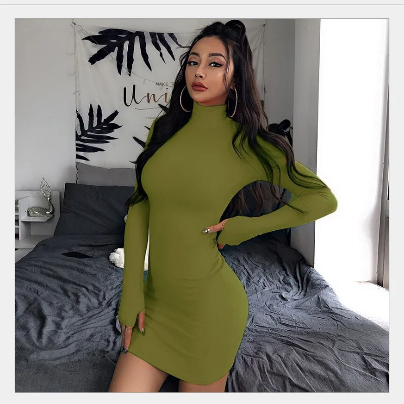 

Pure color long-sleeved high-neck dress spring and autumn new base skirt European and American women's clothing