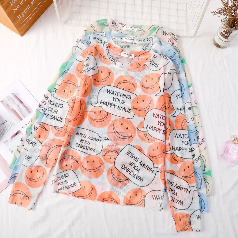 

Women Temperament Mesh Tops Fresh Casual Printing Long Sleeve Slim Ladies O-Neck Base Thin Elegant Sunscreen Bottom Lace Blouse