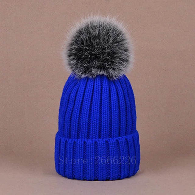 Blue B Шапка с лисьим помпоном настоящие меховые шапочки с большим шариком Зимний натуральный Лисий колпачок для помпонов Женская пушистая лиса Меховые помпоны вязаные шапочки шапки - Цвет: Blue B