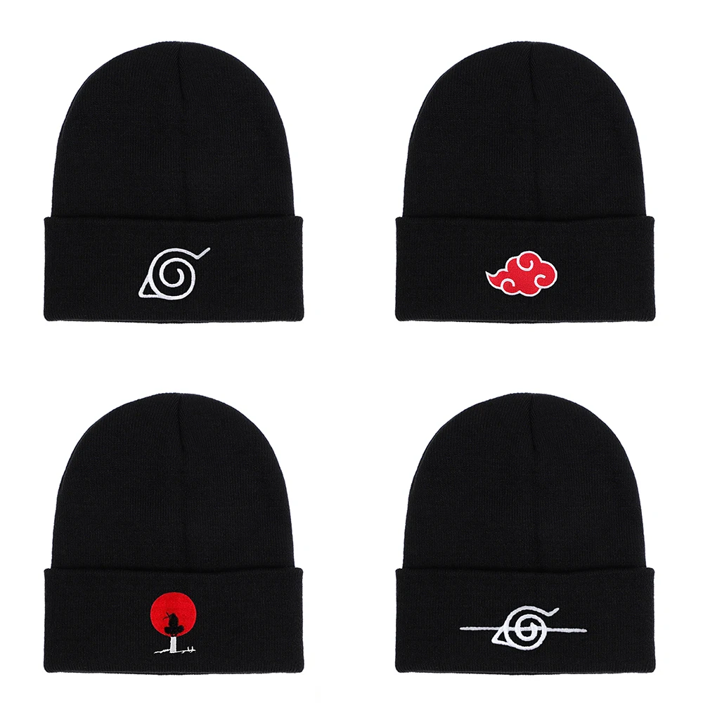 

Anime Winter Hats Akatsuki Ninja Red Cloud Embroidery Knitted Hat Cosplay Skullies Beanies Warm Hip-Hop Ski Beanies Bonnet